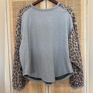 Gray Top with Animal Print Sleeves, Animal Print Top, Large